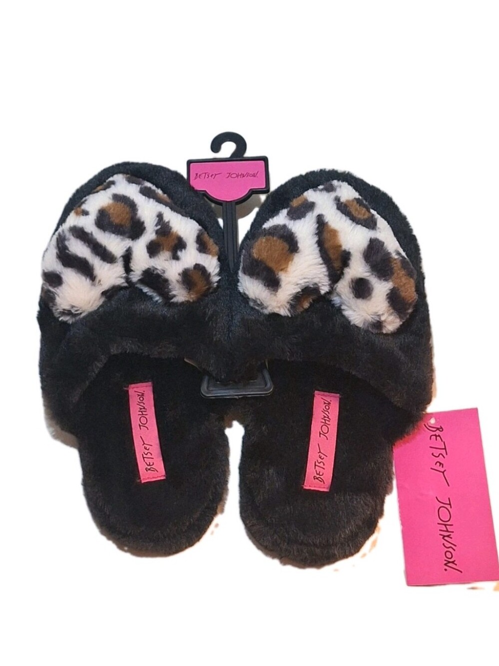 Betsy Johnson Black Faux Fur Slippers with Leopard Print Hearts Size M: 7 - 8